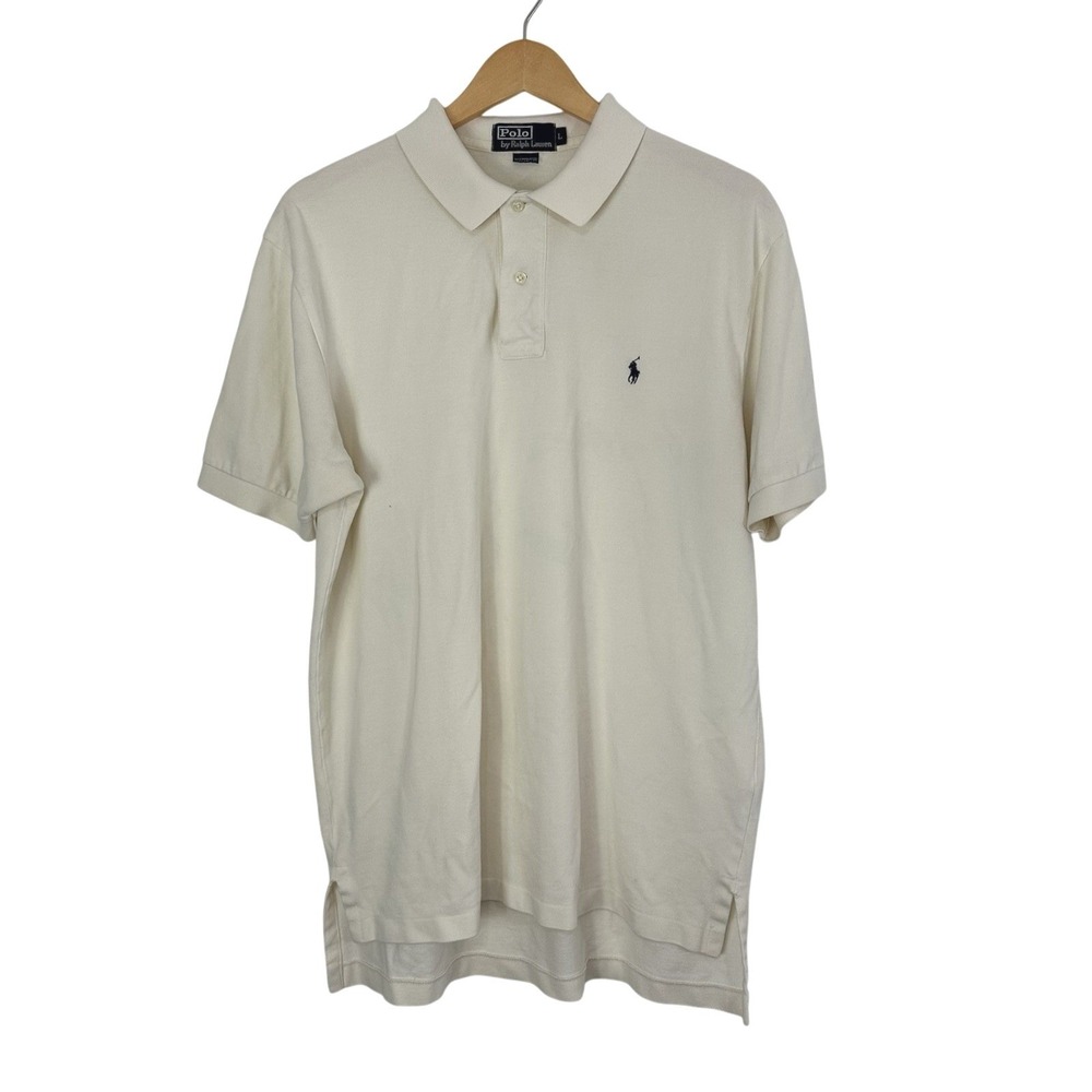 Polo Ralph Lauren Short Sleeve Polo Shirt Mens Large Off  White Cotton Blue Pony